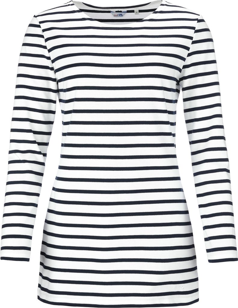modAS Damen Long-Shirt mit Streifen Maritim - Gestreiftes Shirt Komfortschnitt aus Baumwolle in Weiß-Blau Größe 48