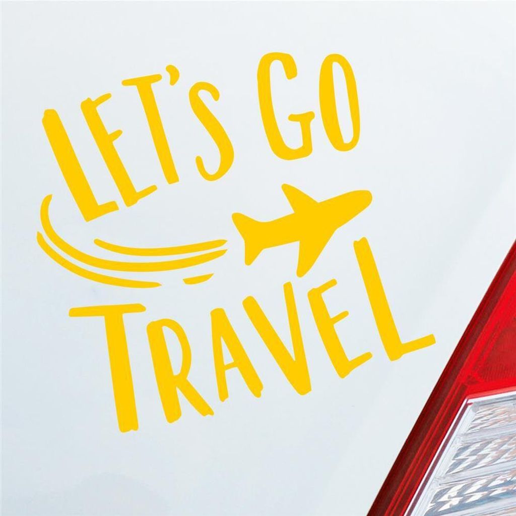 Auto Aufkleber Let's go travel Lass uns reisen Urlaub Holiday Car 10x10 cm Gelb Sticker Heckscheibenaufkleber