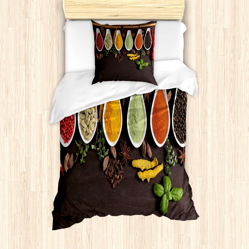 ABAKUHAUS Set copripiumino per letti singoli, Folk Lebensmittel Top View of Tastes, antiacaro, adatto a chi soffre di allergie, con federa, 135 cm x 200 cm - 80 x 80 cm, multicolore