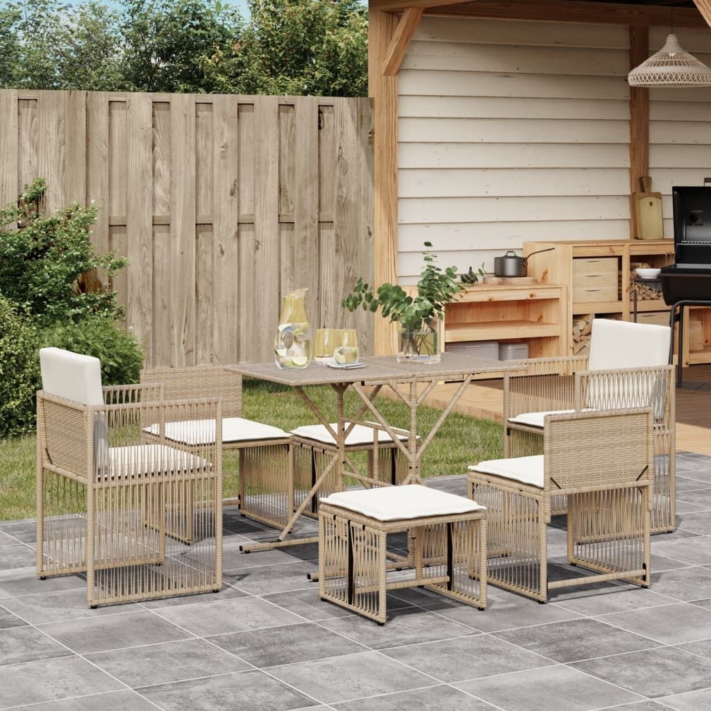 "2026 Promotion" 7-tlg. Garten-Essgruppe - mit Tisch und Stühlen - mit Kissen - Beige Poly Rattan - Gartenmöbelset CC22453