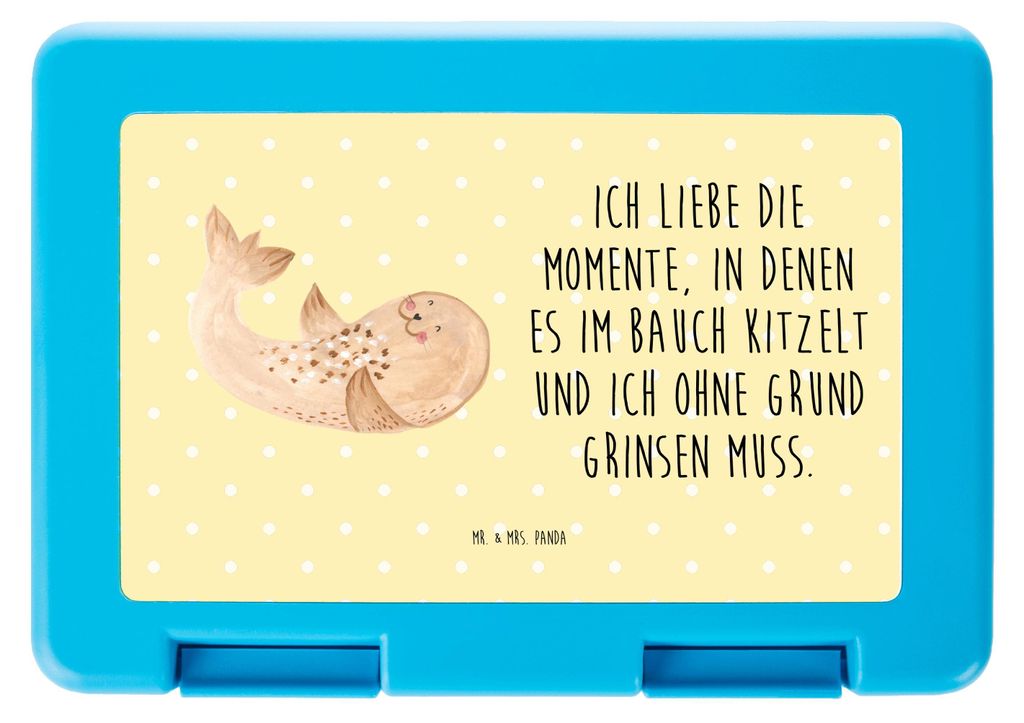Mr. & Mrs. Panda Bento Box Robbe Liegen - Gelb Pastell - Geschenk, Vesperbox, Bentobox, Ostsee, Strand, Lachen, Essensbox, Lunchbox, Tiere, Frühst...
