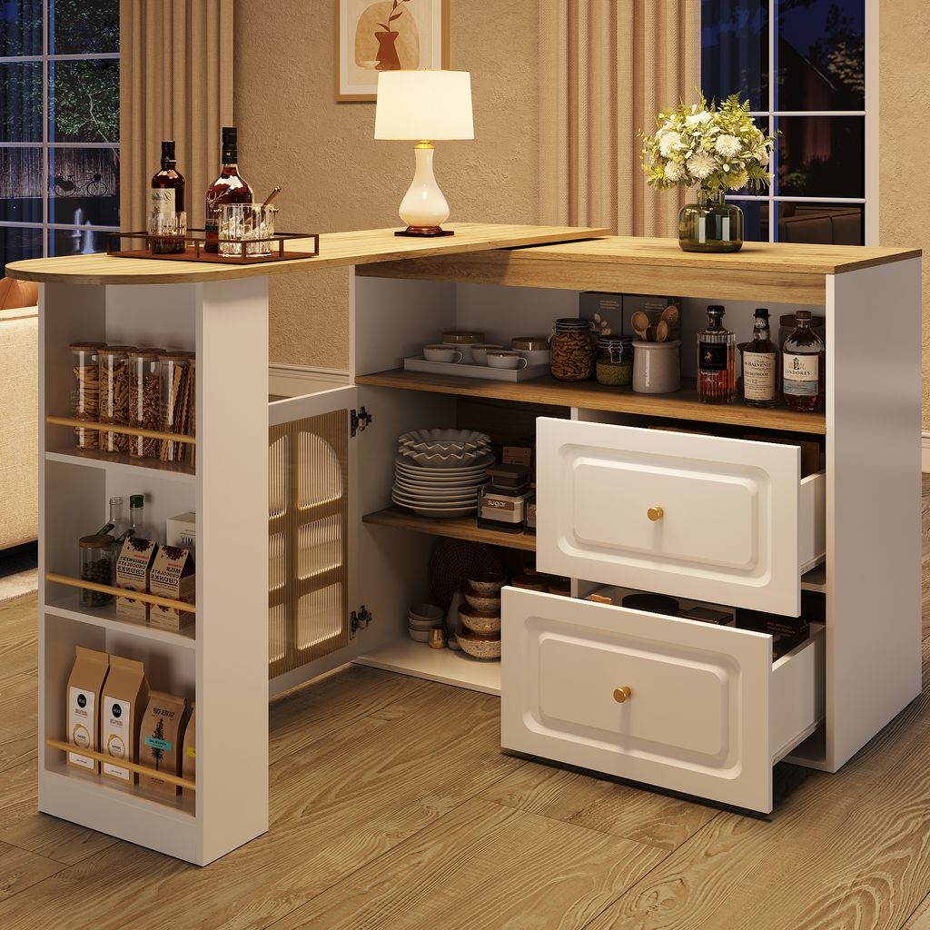 A kitchen island with storage, including shelves, drawers, and a cabinet with a glass door, is set up in a room with curtains and a window.
