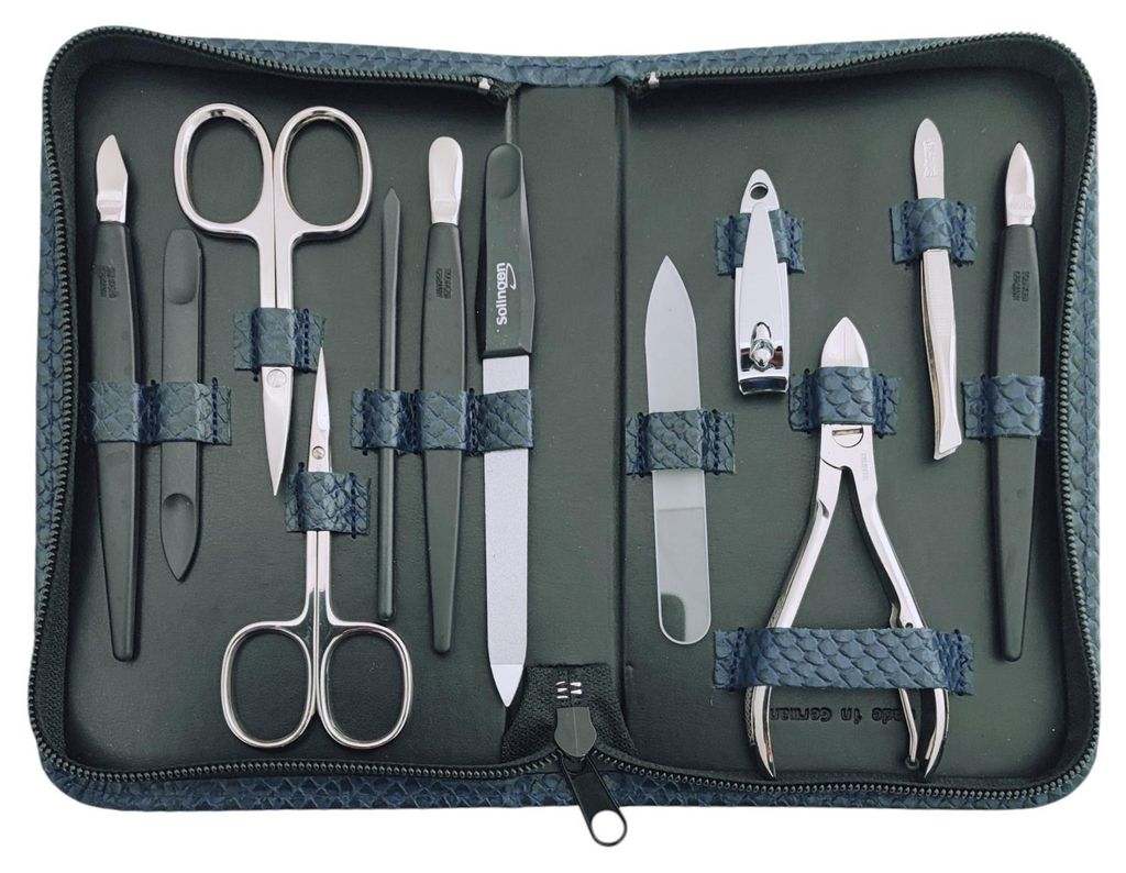 12teiliges Solingen* Maniküre Set mit Leder-Etui Nagelpflege, Germany Dunkelblau