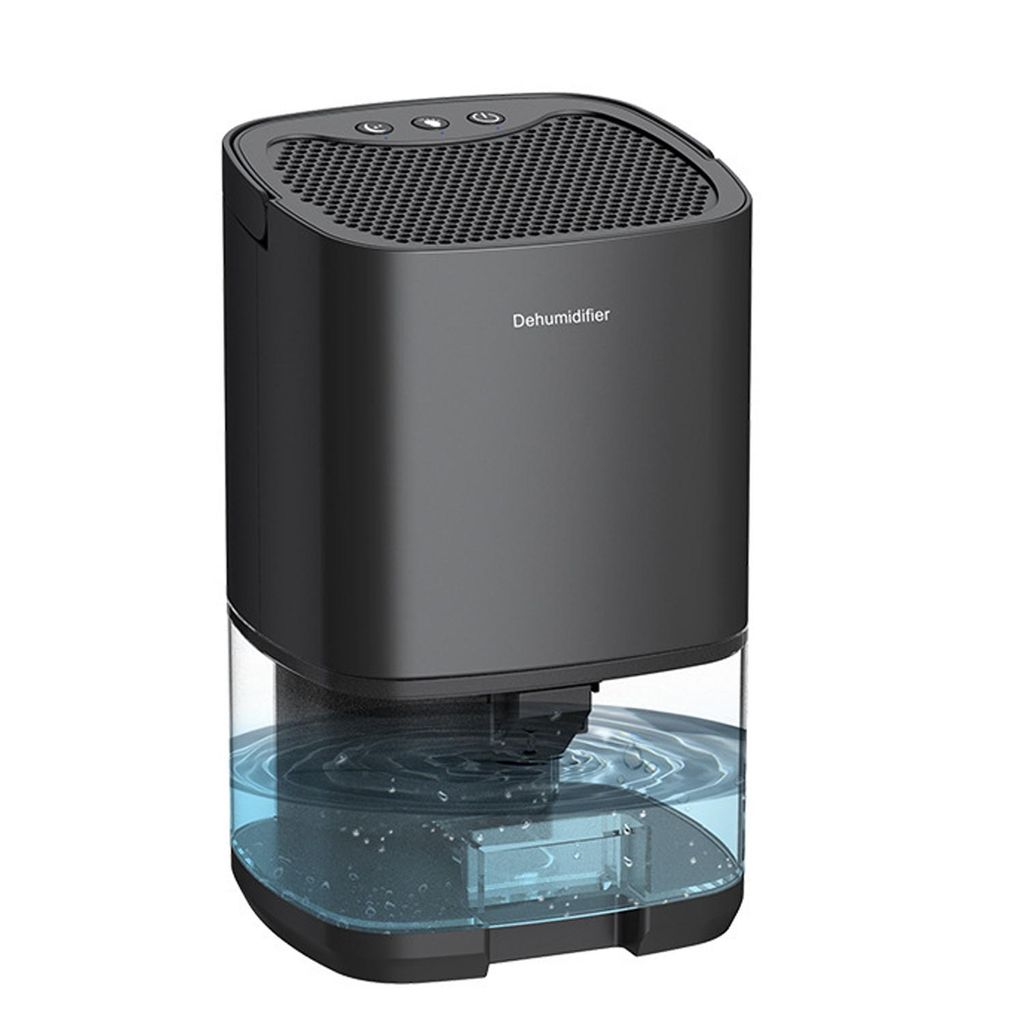 A black dehumidifier with a clear water reservoir filled with blue liquid, set against a white background.
