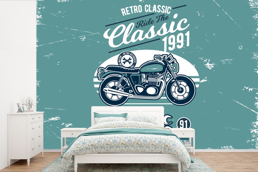 MuchoWow Fototapete für Wohnzimmer oder Schlafzimmer Wandtapete Vinyl Motivtapete Motorrad - Werkzeuge - Retro - 360x240 cm - Vinyl-Tapete