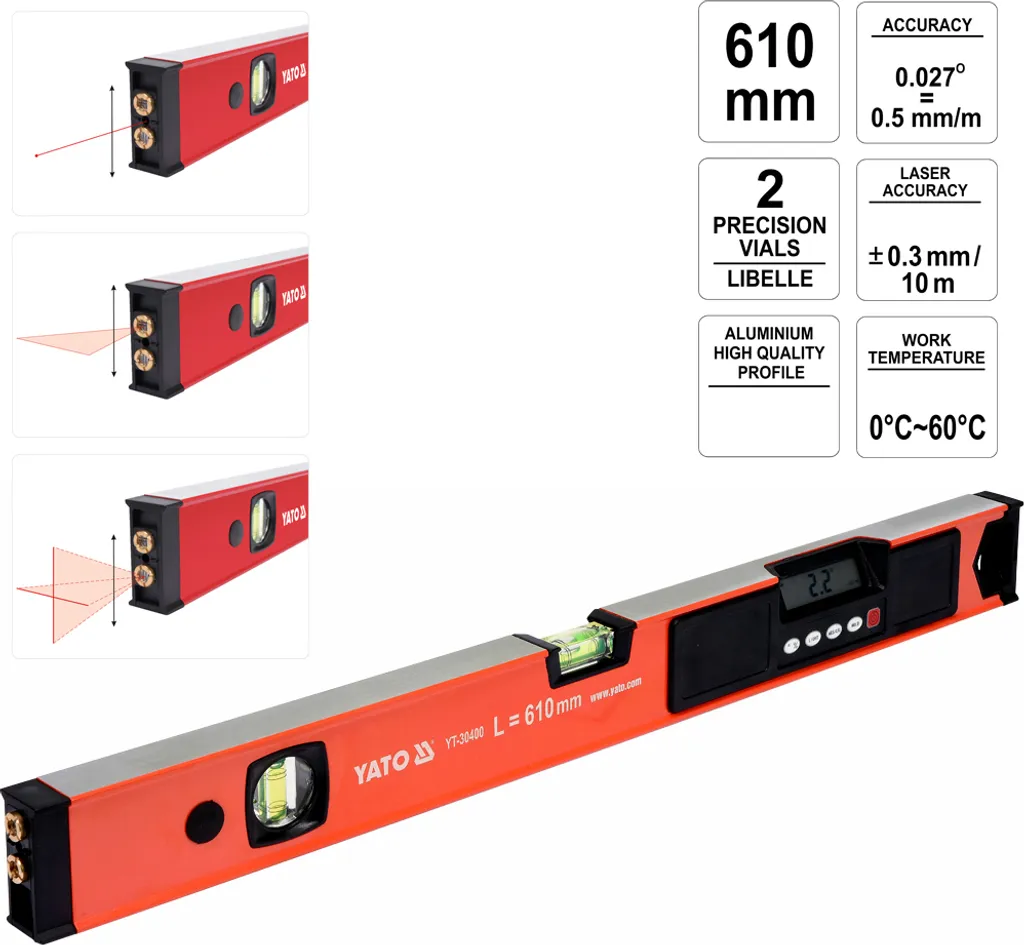 Yato YT-30400 Niveau à bulle 61cm Rouge Haute Précision de Mesure