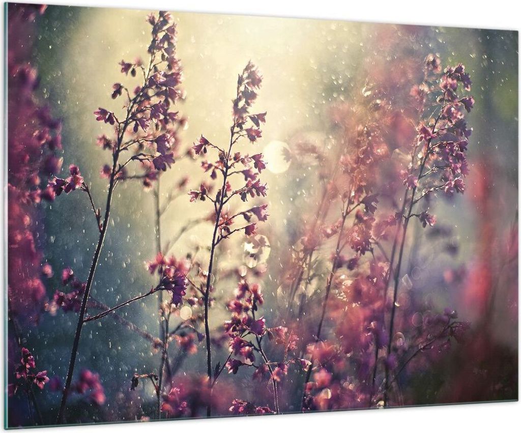 Bilder auf glas - Einteilig - Blumen Regen Licht - 100x70cm - Glasbilder - Wandbilder - Bilder - zum Aufhängen bereit - Wanddekoration aus Glas - ...