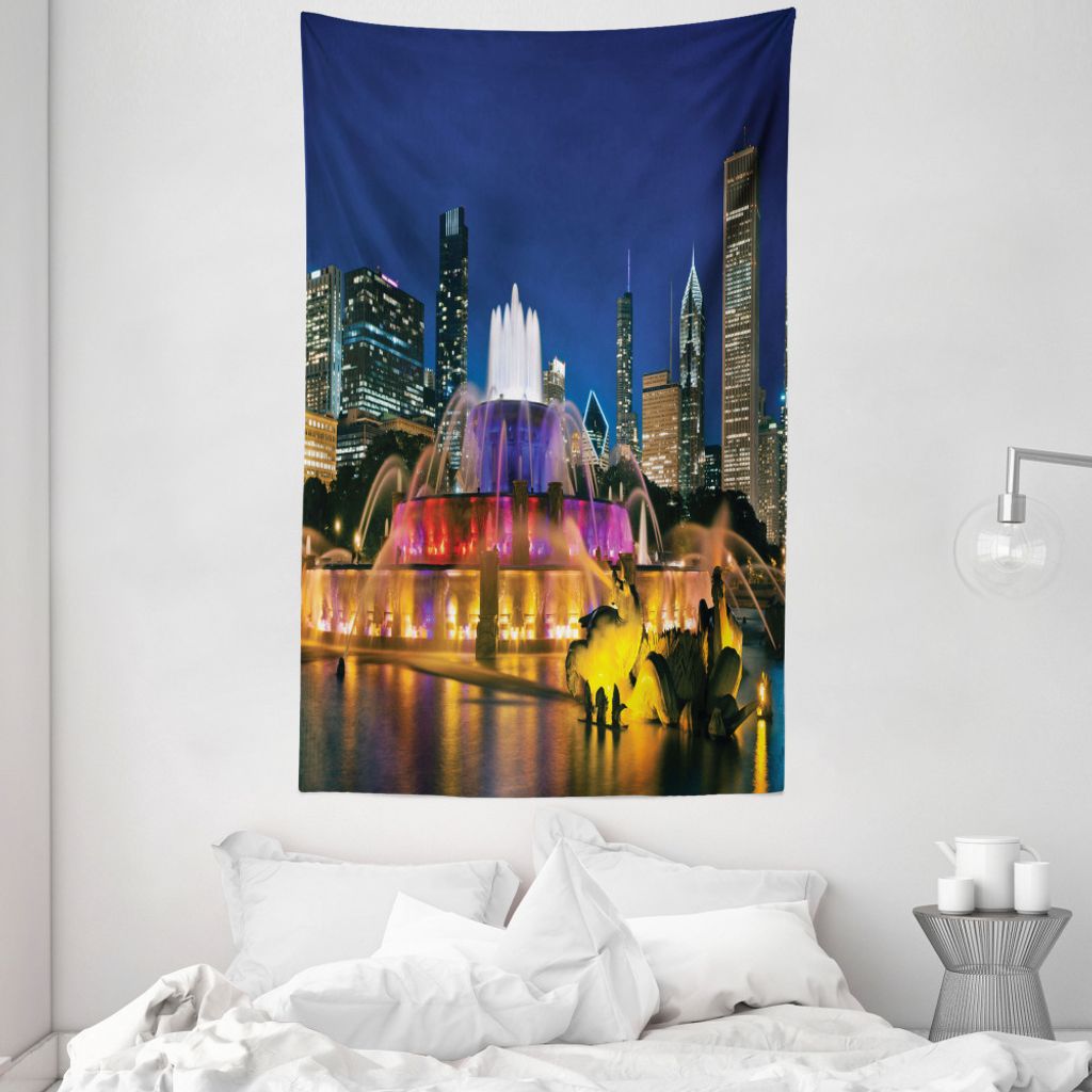 ABAKUHAUS Chicago Skyline Wandteppich und Tagesdecke, Landmark-Brunnen aus Weiches Mikrofaser Stoff Waschbar ohne Verblassen Digitaldruck, 140 x 23...