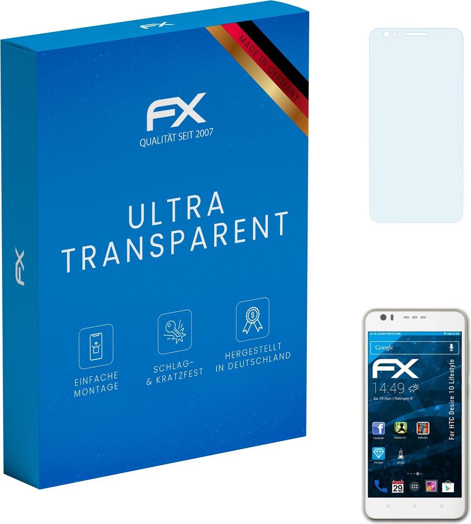 atFoliX FX-Clear 3x Schutzfolie kompatibel mit HTC Desire 10 Lifestyle Displayschutzfolie