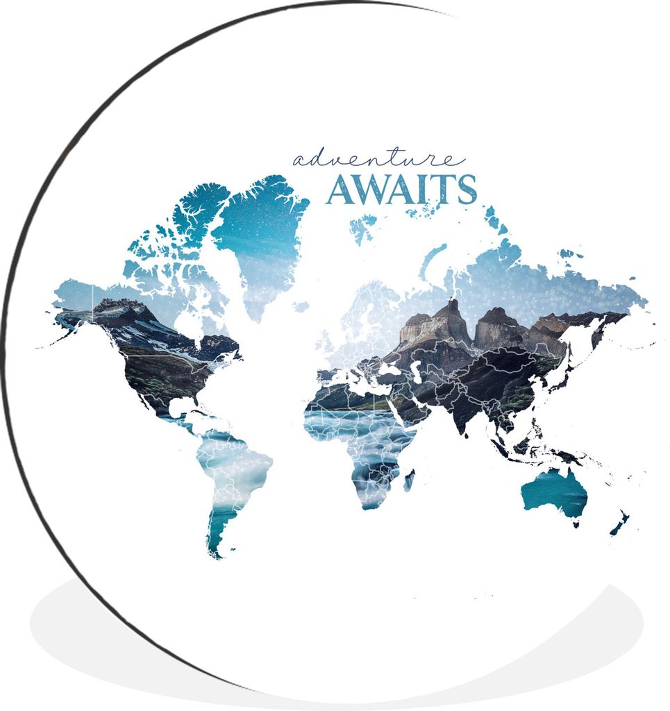 MuchoWow Aluminium Wandkreis Weltkarte - Sprichwörter - Abenteuer Ø 90 cm Wanddeko Modern Wohnzimmer - Mauerkreis - Wandbilder - Runde Bild - B...