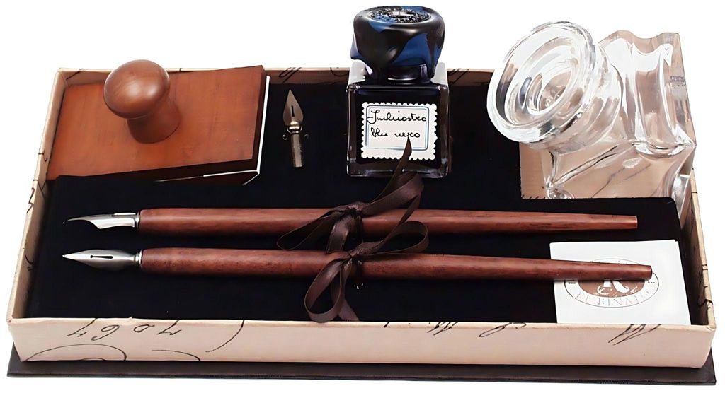 Rubinato Holzfederhalter Geschenkbox 2x + 3 Federn, Tinte und Tintenfass