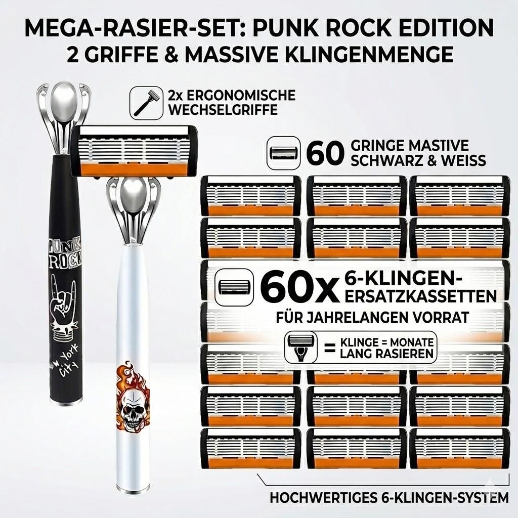 Raptor Rasierer Set: 2 Griffe & 60 Ersatzklingen 6-Lagen Edelstahl Nassrasur