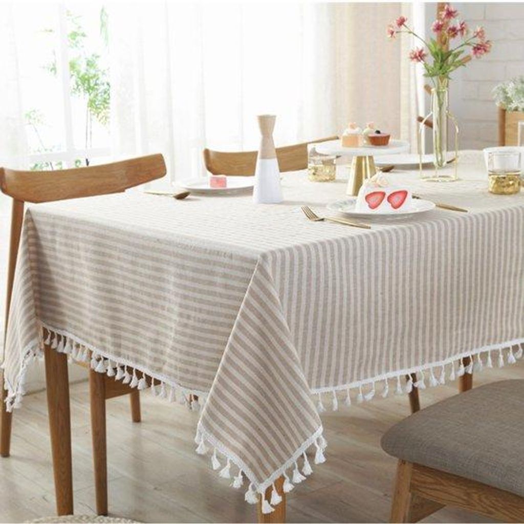 Gestreipt Tischdecke aus Baumwoll-Linie mit Pompons - Schmutzabweisende Tischüberzug - Rechteckige Tischdecke - Viele Größen - Ideal als Tischde...