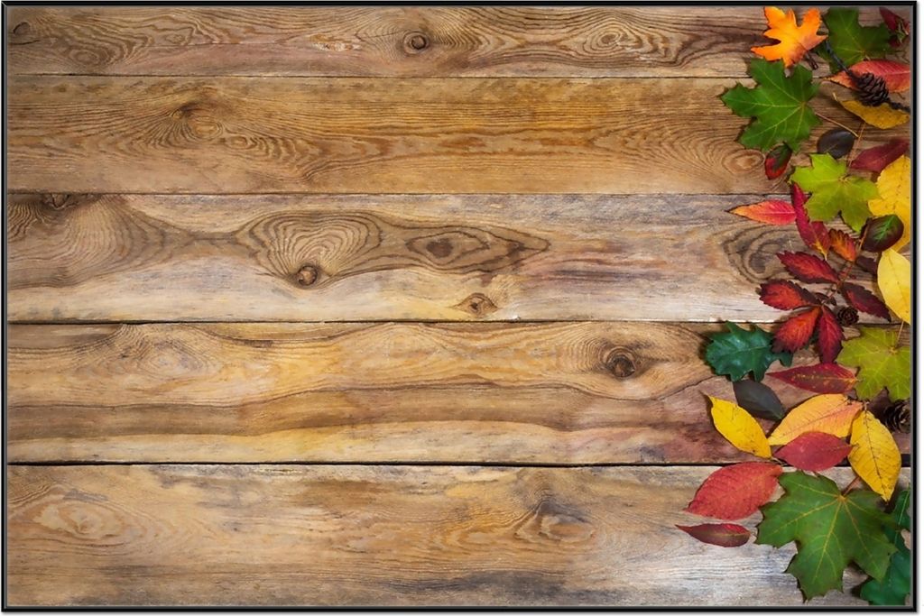 Wallario Wandbild Herbstlaub auf Holzbrettern, Größe: 61 x 91,50 cm, Poster mit schwarzem Aluminiumrahmen