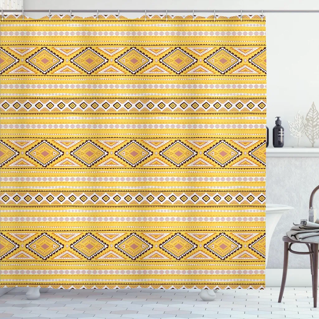 Tenda Da Doccia Moderna A Righe Gialle E Grigie – Tessuto Impermeabile In Poliestere, 183x183 Cm, 12 Occhielli, Design Minimalista Astratto, Per Bagno E Vasca, Giallo/Bianco/Grigio