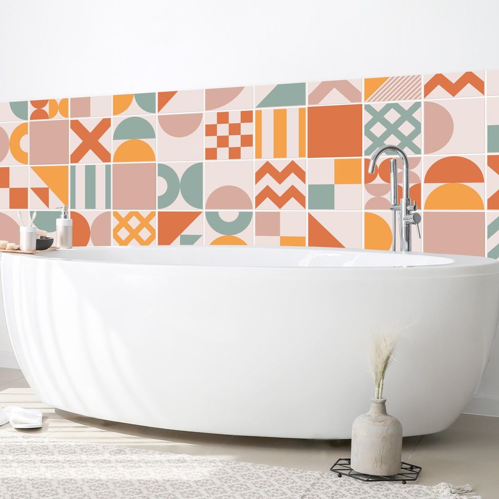 Wandverkleidung Bad Muster selbstklebend - 0.35 mm Wandpaneel matt wasserfest Geometrisch orange Fliesenoptik Abstrakt Badrückwand fugenlos 300x70 cm