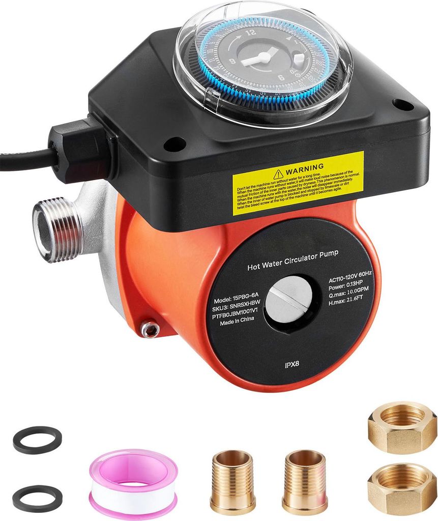 SucceBuy Umwälzpumpe mit Timer, 38 LPM Zirkulationssystem für sofortige Wasserzirkulation, 100 W AC 220–240 V, Heizkreispumpe mit G3/4 Zoll auf...