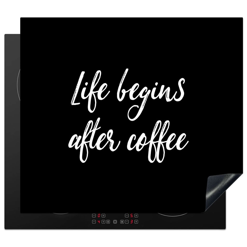 KitchenYeah Herdabdeckplatte Zitate - Kaffee - Das Leben beginnt nach dem Kaffee - Sprichwörter , 59x52cm, Küche Deko, Glaskeramikkochfeld Herd...