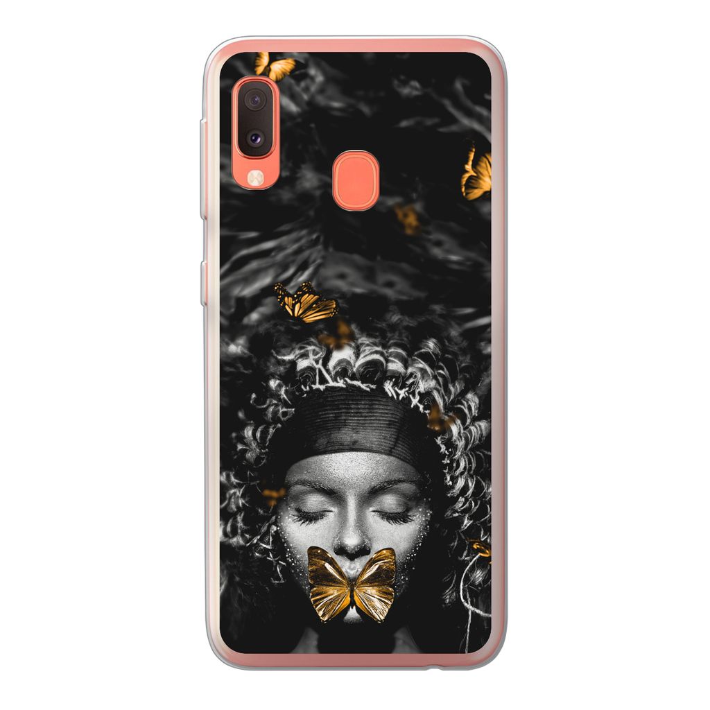 MuchoWow Handyhülle Schutzhülle Hülle für Samsung Galaxy A20e Frau - Schmetterlinge - Schwarz - Weiß Silikon Softcase Handy Hülle - Abdeckung