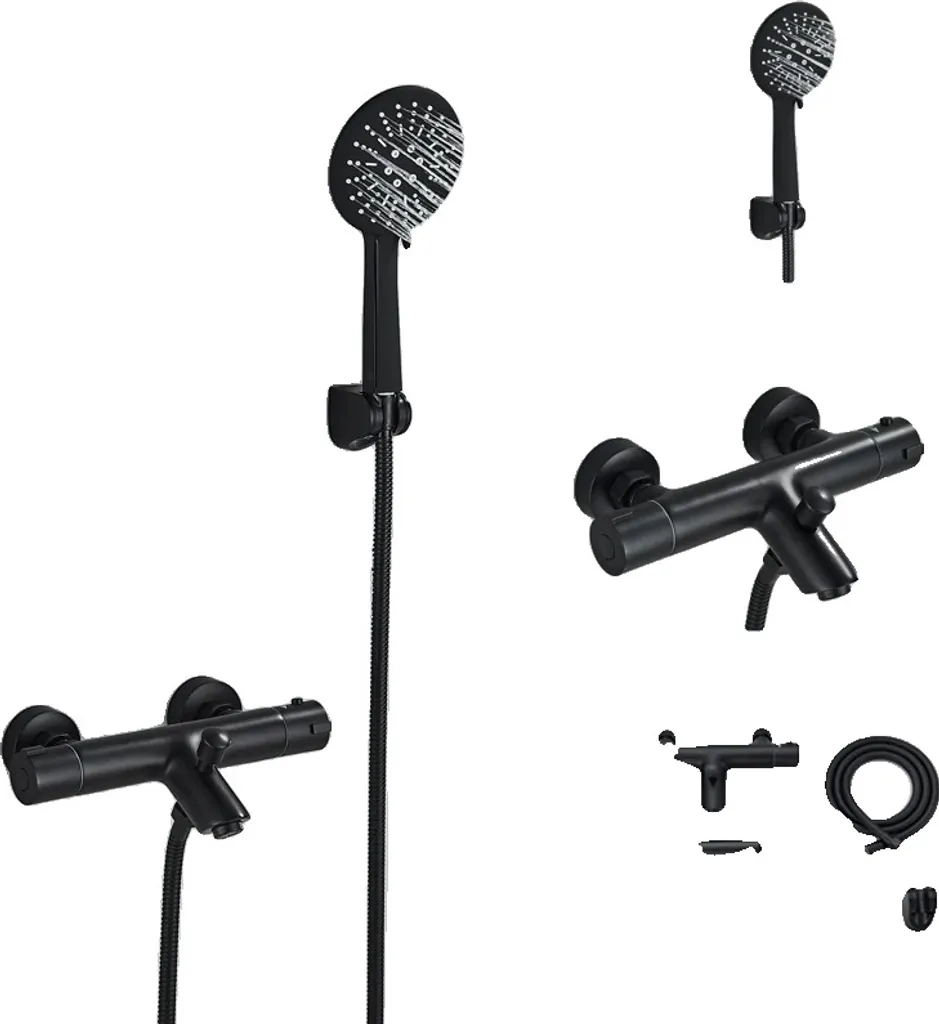 Set de douche thermostatique noir mat avec mitigeur laiton et douchette