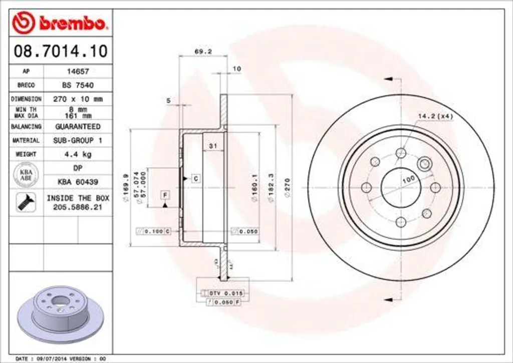 Disque de frein arrière Brembo 08.7014.10 haute performance OE 0569117