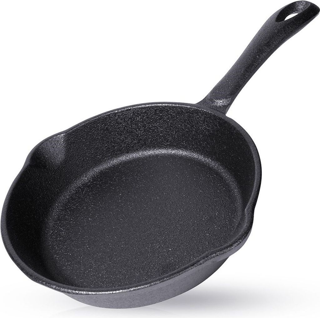 A black cast iron frying pan is shown against a white background.