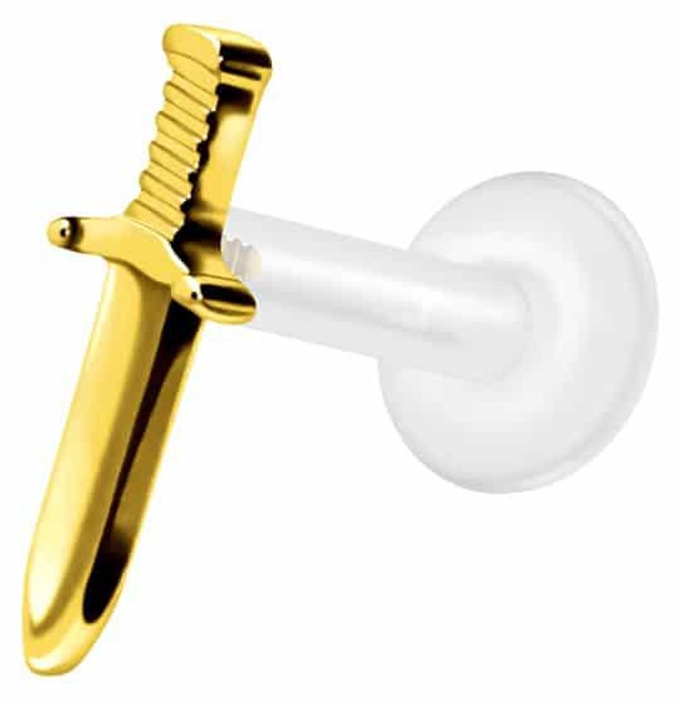 Ohrpiercing, Nasenpiercing PTFE Labret mit Innengewinde + Titan-Aufsatz SCHWERT Gold Stablänge: 8mm | Stabstärke: 1,2mm
