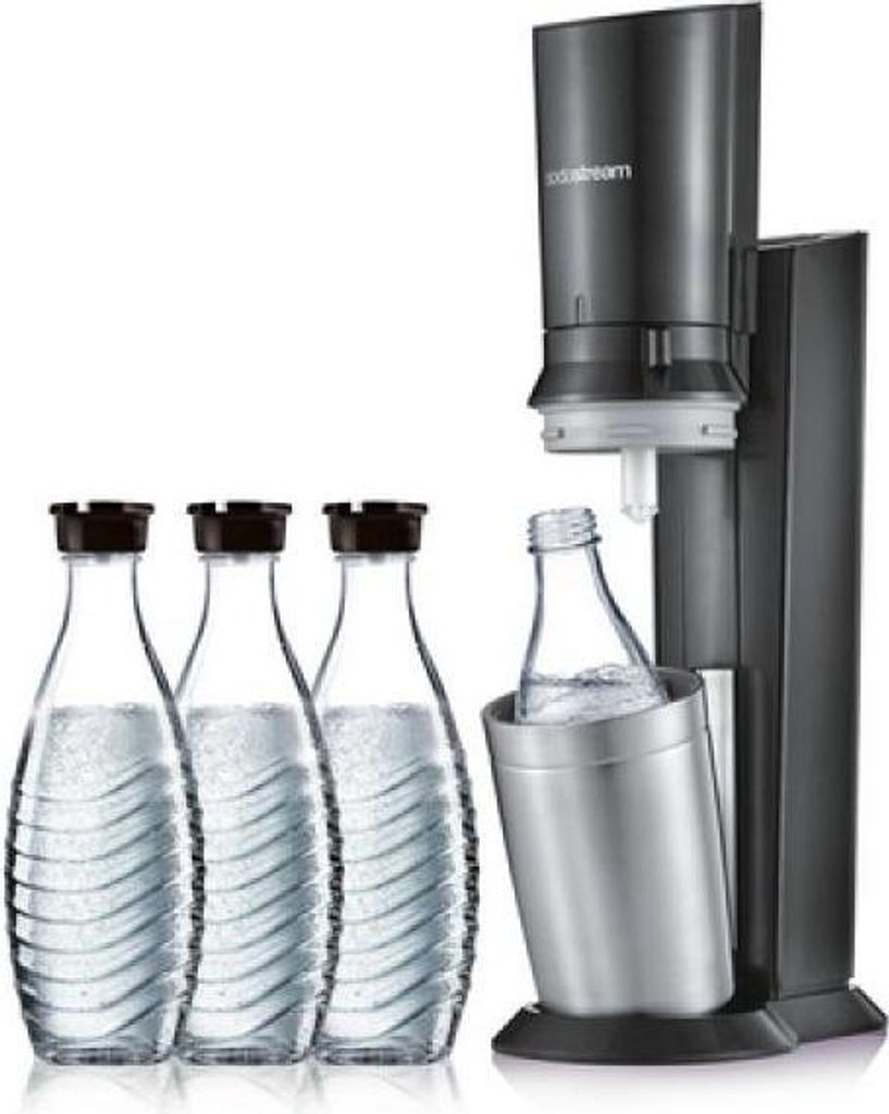 A SodaStream sparkling water maker with three bottles of water.