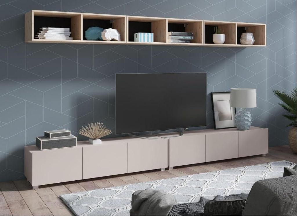 All4All Wohnwand 300 cm , Wohnzimmer Möbel , Modern Schrankwand , Tv Wohnwand , Cashmere & Eiche Artisan 300 x 47 x 33 cm