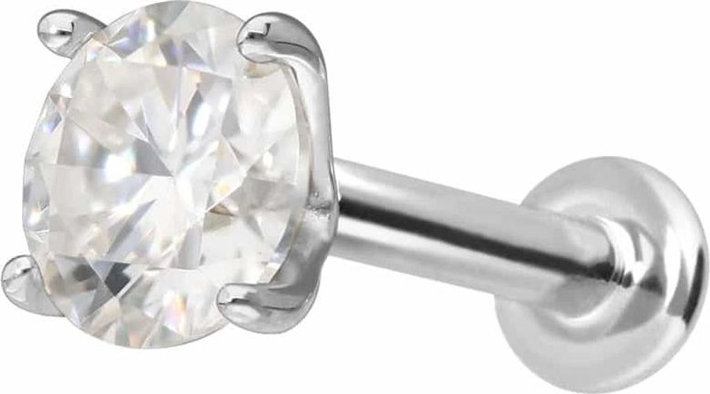 Ohrpiercing, Nasenpiercing 14 Karat Gold Labret mit Push Fit MOISSANIT WeißGold Stablänge: 5mm | Stabstärke: 1mm | Kristallgröße: 4mm
