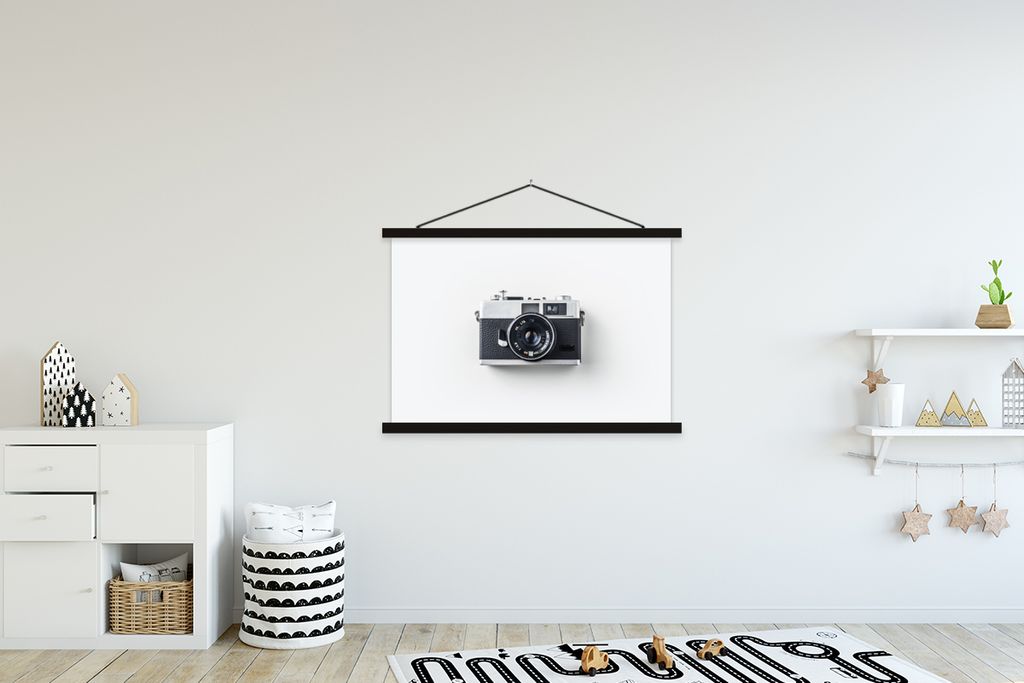 MuchoWow Textilposter Kamera - Vintage - Weiß 120x80 cm mit schwarzem Rahmen - Wanddeko