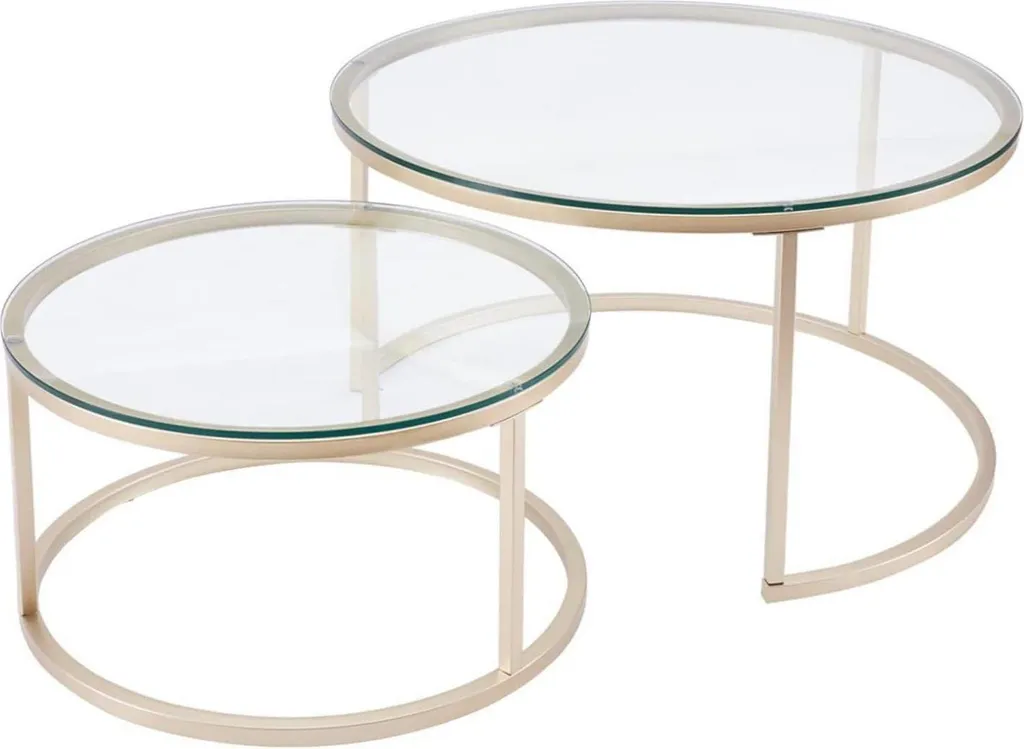 Lot de 2 tables basses gigognes en verre trempé doré et métal chic