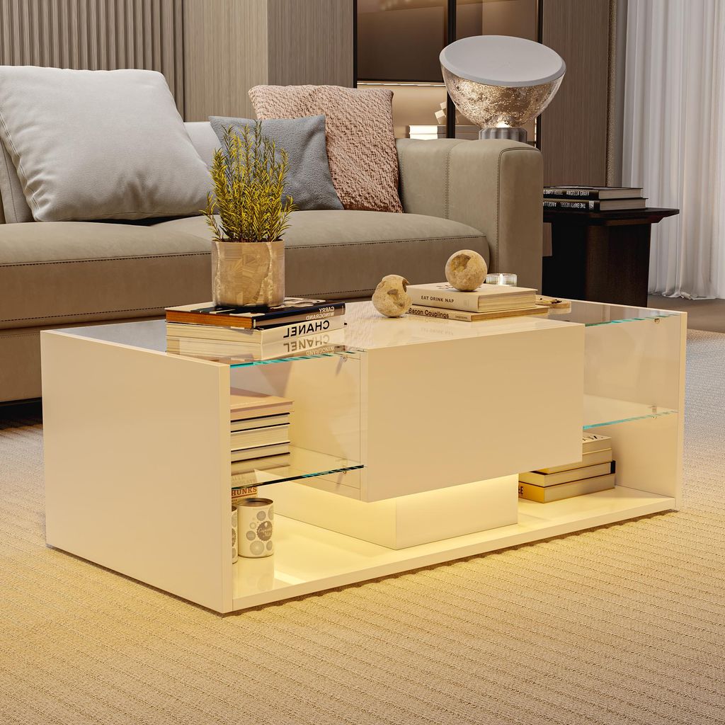 Schwebender LED-Couchtisch mit Schublade und Stauraum, modernes Design, 100 x 50 x 35 cm, Wohnzimmer, Sofa, Schlafzimmer, Weiß