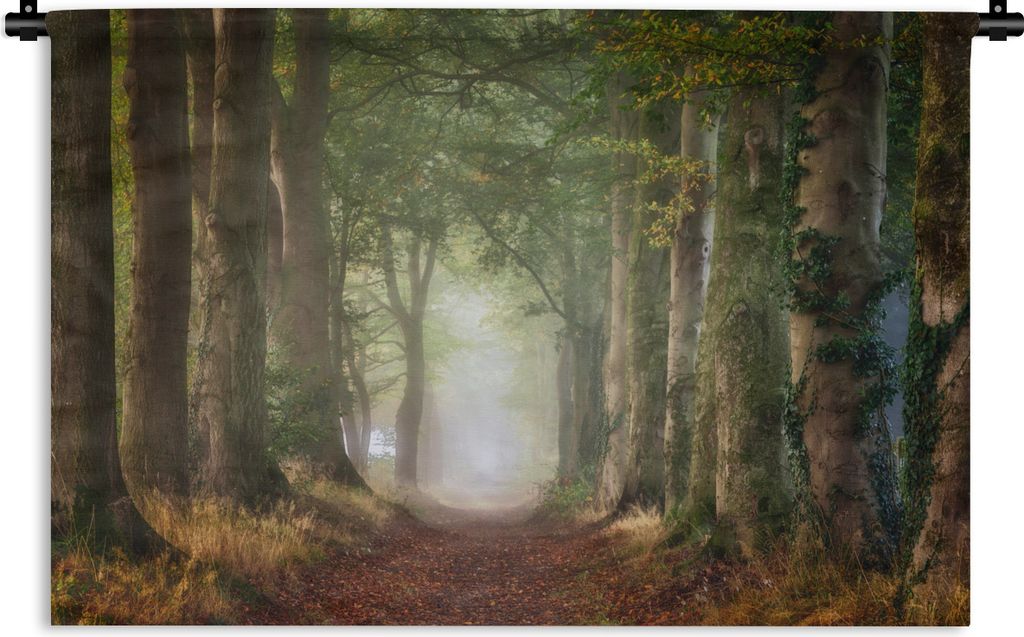 MuchoWow Wandteppich Wandbehang Wald - Weg - Bäume und Pflanzen - Nebel - Herbst - Laub 120x80 cm Tapisserie Dekoration Wandtuch - Wanddekoratio...