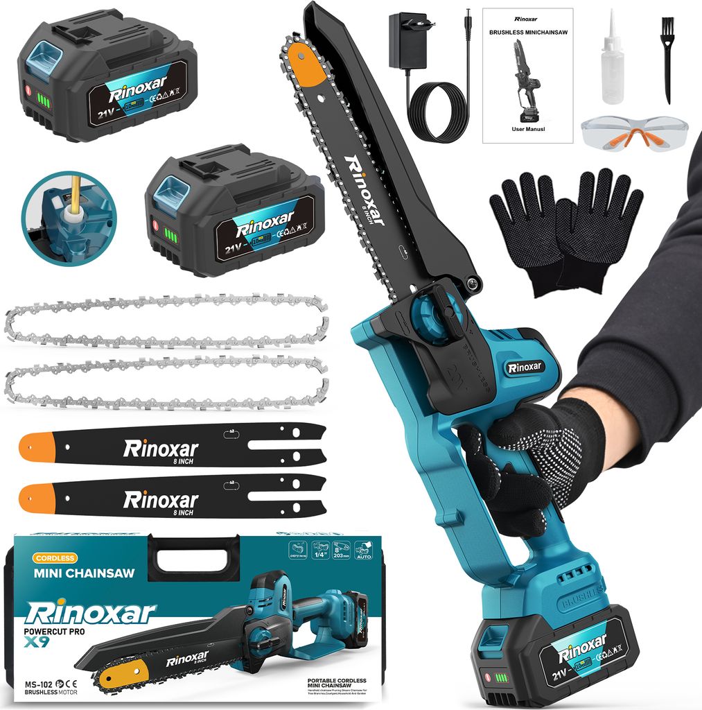 A collection of items for a mini chainsaw kit, including the chainsaw, batteries, chains, guide bars, and accessories, laid out on a white background.