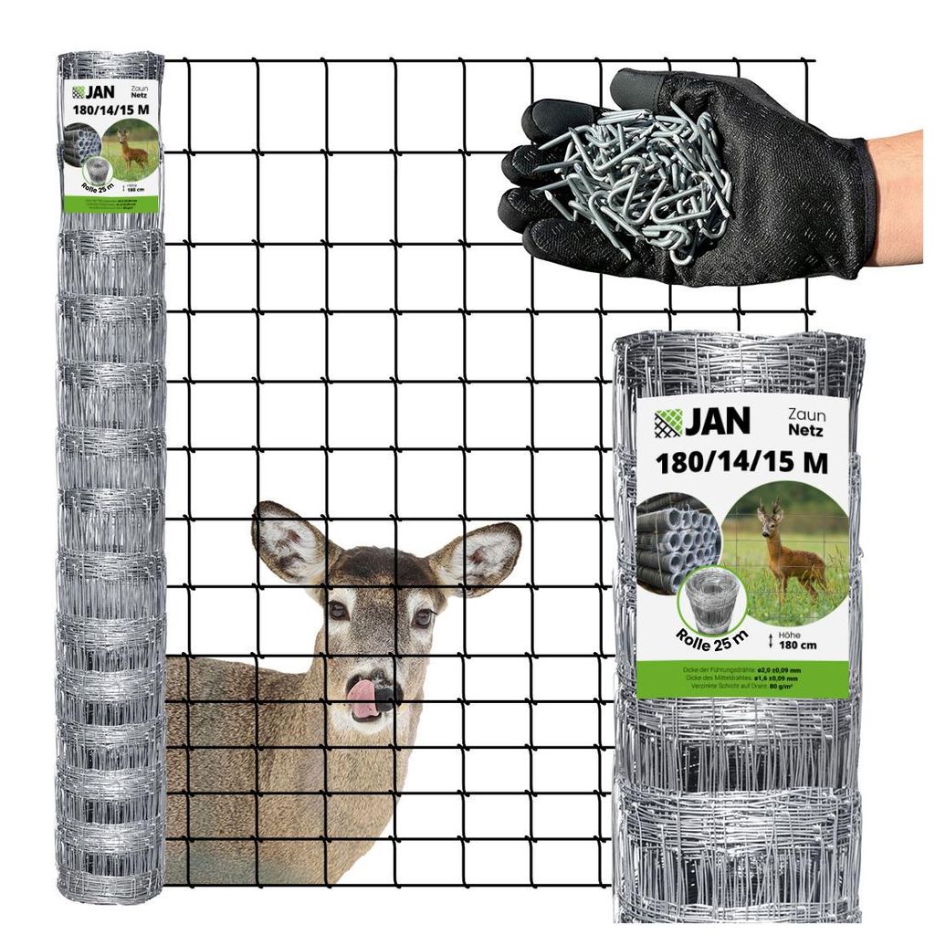 Wildzaun - Knotengeflecht - verzinkt Forstzaun 180/14/15 M - 25m - Stark - 1,8m Wetterbeständig