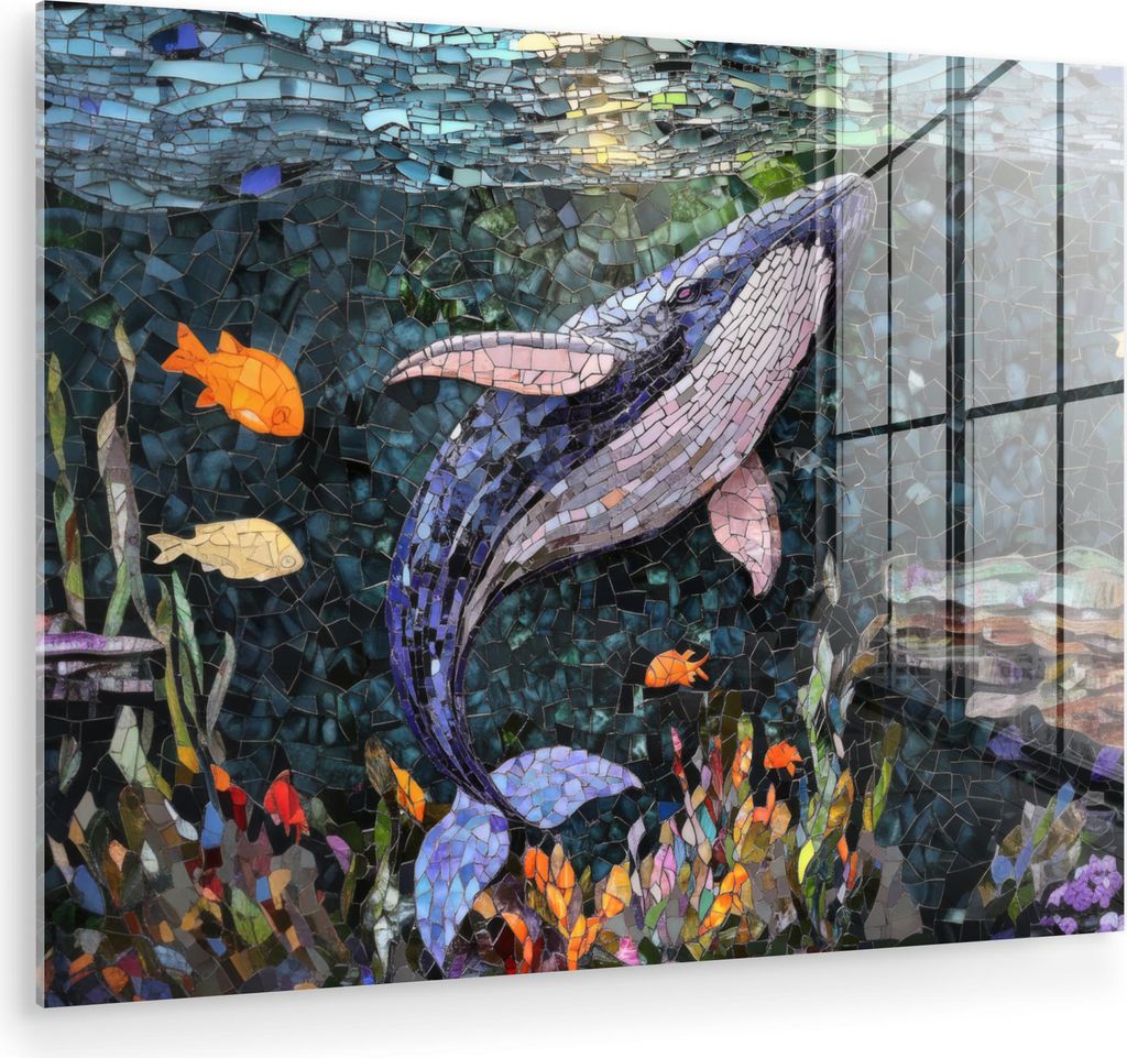 MuchoWow Glasbilder - Bilder auf Wandbild - Foto auf Glas Mosaik - Wal - Koralle - Wasser 80x60 cm Wanddekoration aus Glas - Acrylglasbild - Acrylb...