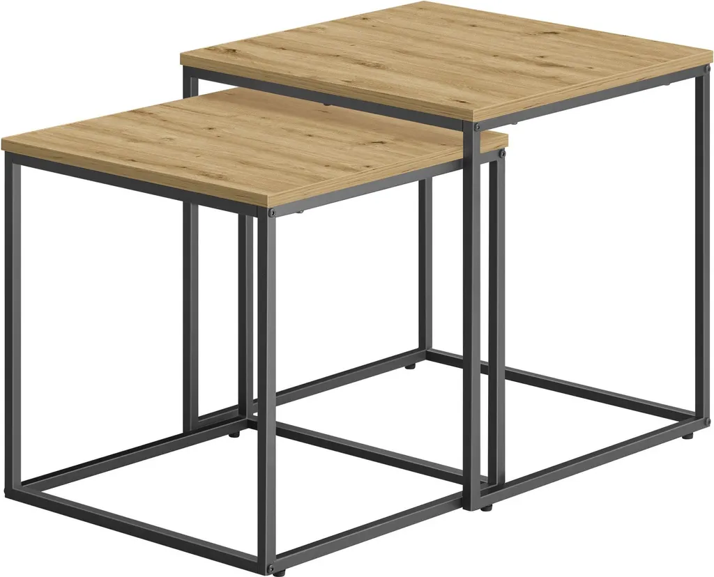 Lot de 2 tables basses carrées en chêne artisan et pieds noirs style loft