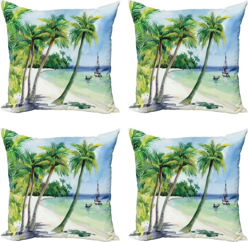 ABAKUHAUS Tropisch Kissenbezug Set (4 Stück), Tropische Landschaft Strand, Moderner Doppelseitiger Digitaldruck, 45 cm x 45 cm, Azure Blau Jade-Grün