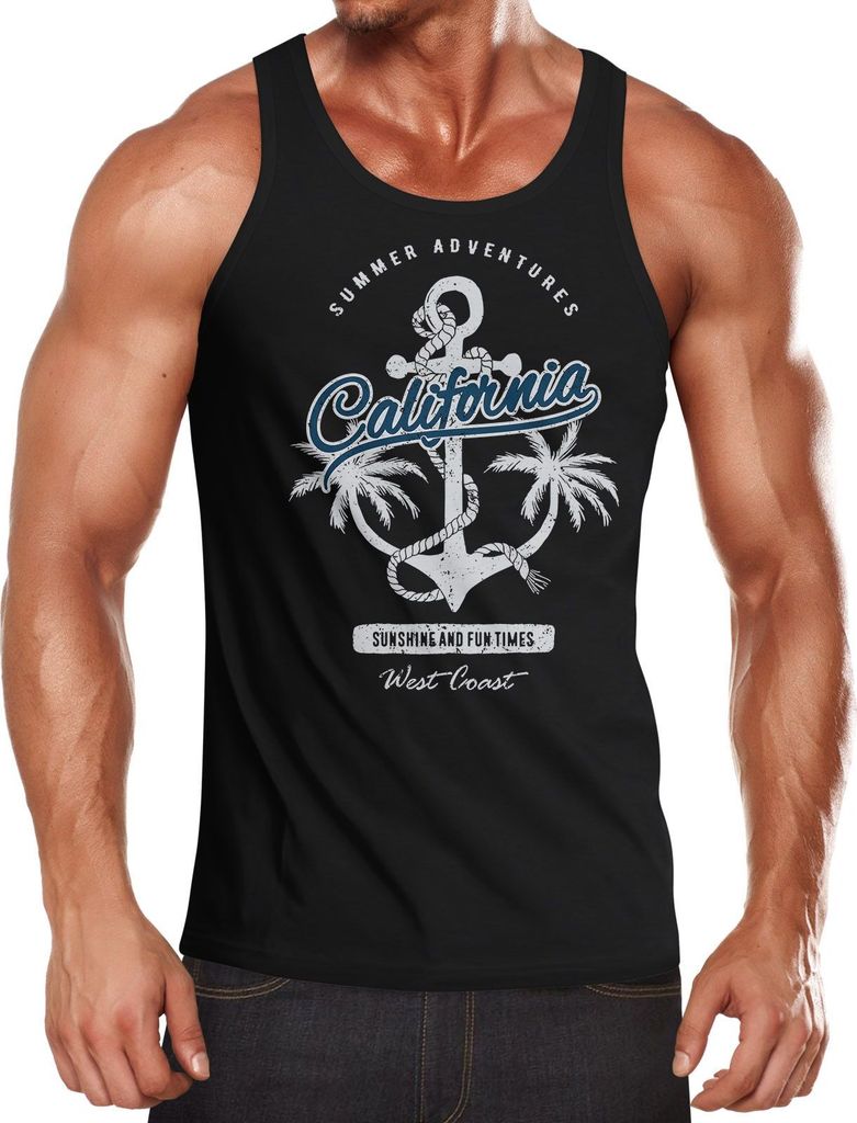 Herren Tank-Top Anker Palmen Anchor Palms Muskelshirt Muscle Shirt Slim Fit Baumwolle Neverless schwarz-weiß XL