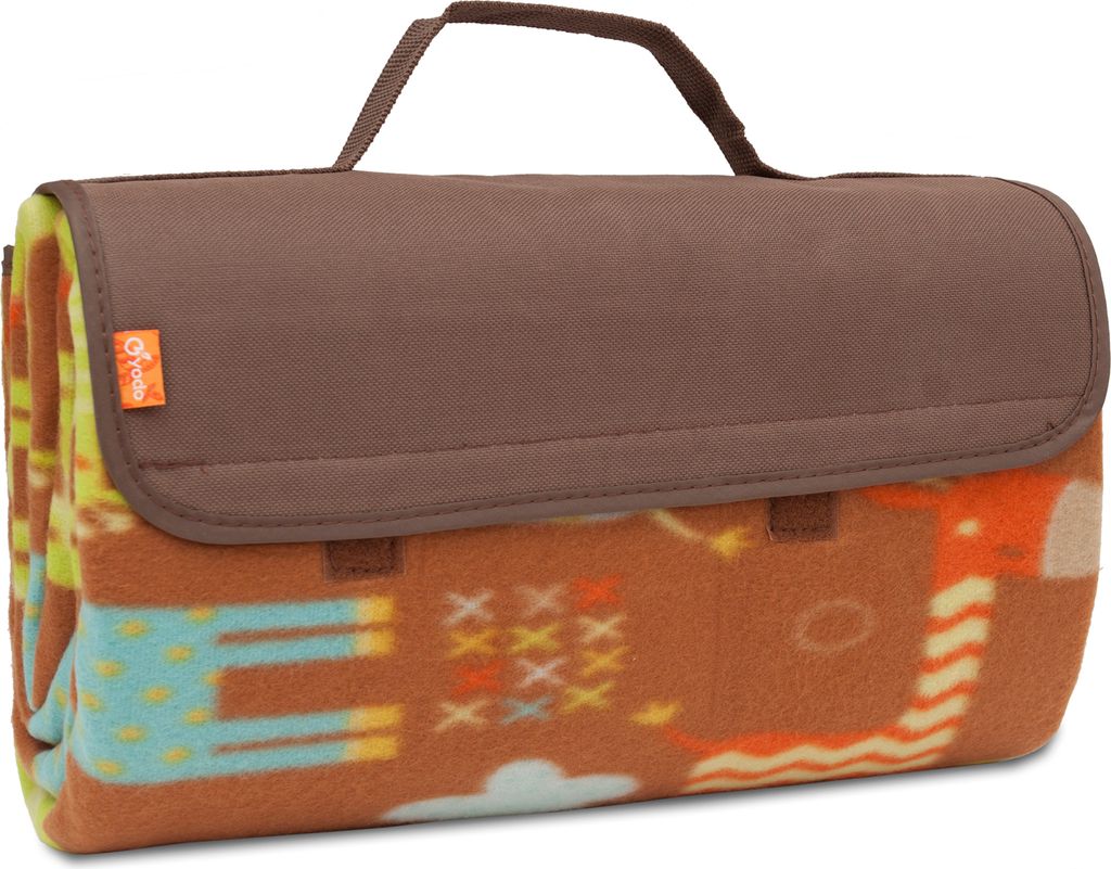 BRUBAKER Picknick Decke Fleece mit wasserfester PEVA Unterseite 150 x 135 cm Braun mit Tieren Grün Gelb