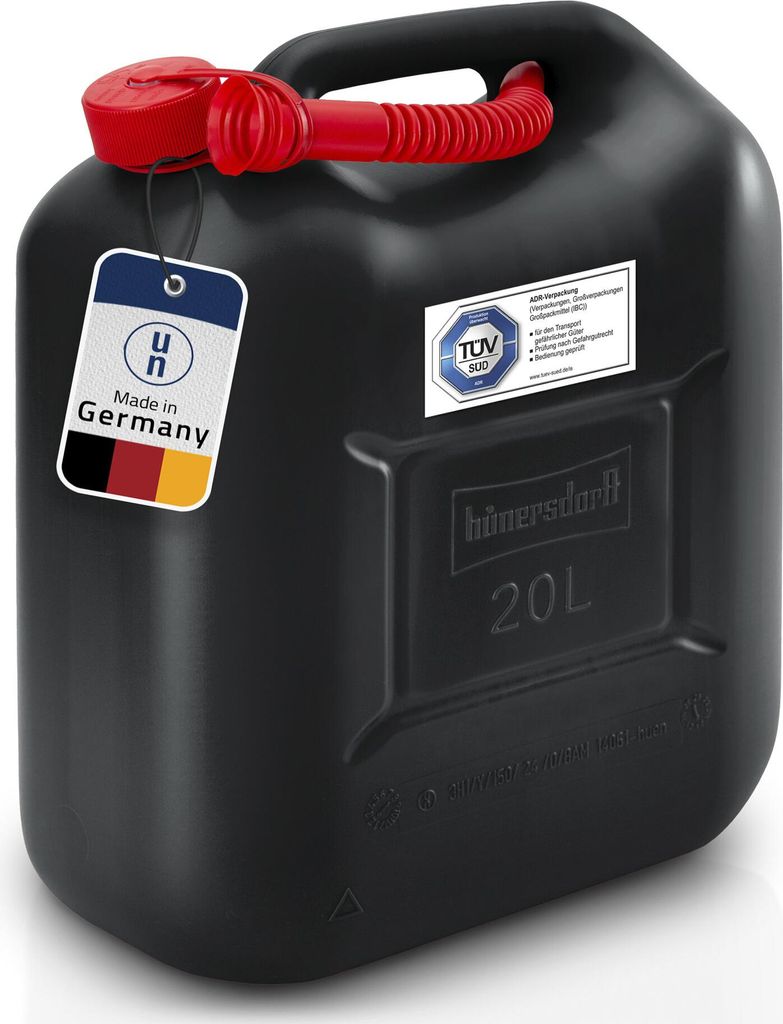 A black jerrycan with labels and a red handle.
