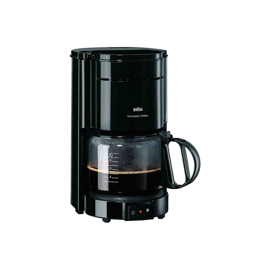 A black Braun coffee maker is shown against a white background.