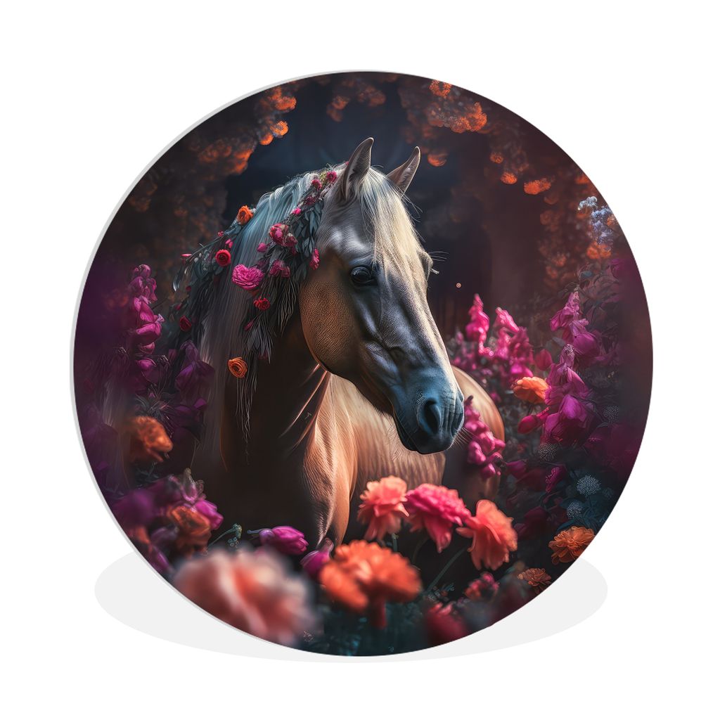MuchoWow Rundes Wandbild - Runde Bilder Pferd - Blumen - Lila - Orange - Tiere Ø 90 cm Kreis Wanddekoration Kunststoff - Wandkreis - Wandschmuck...
