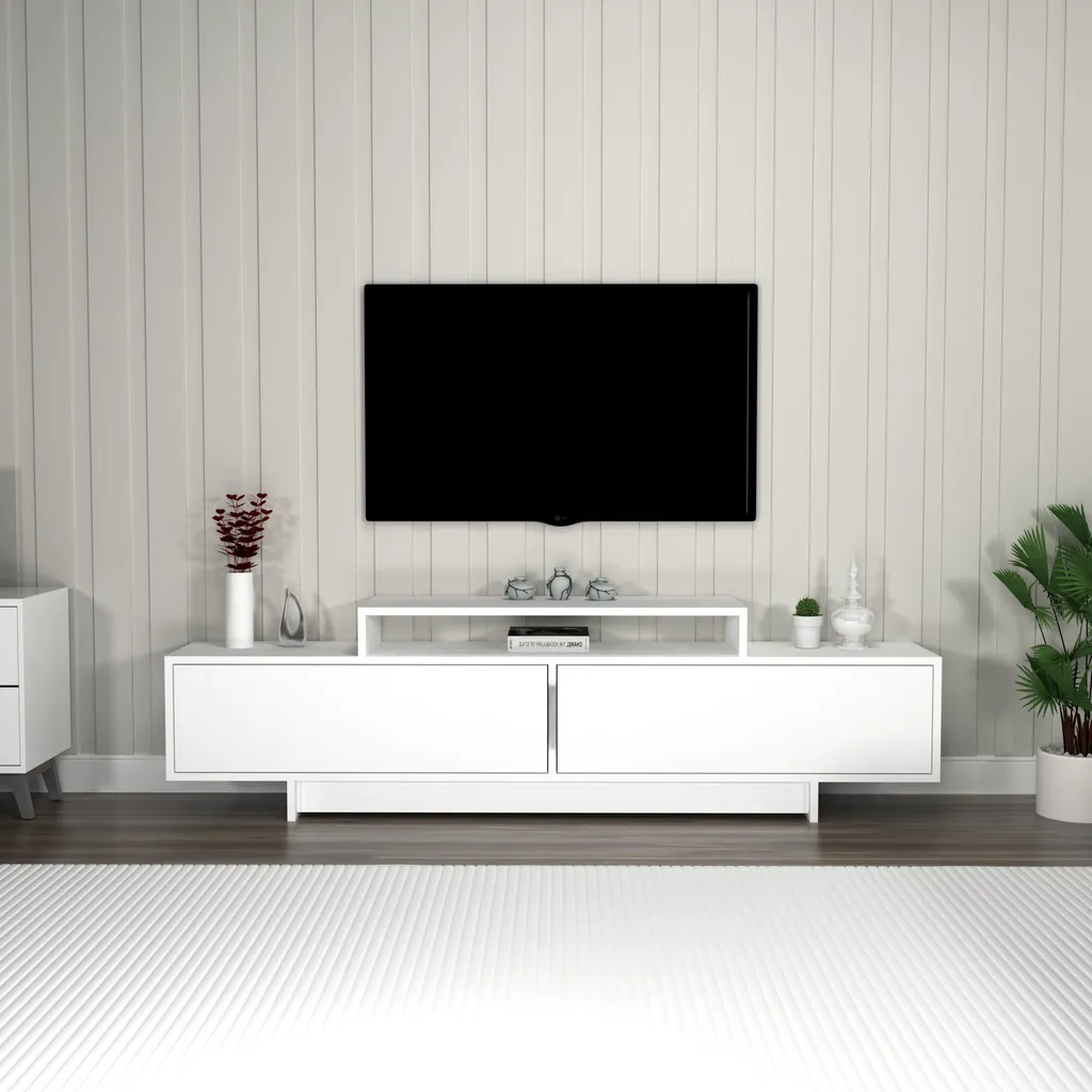 Meuble TV 180 cm en bois mélaminé blanc robuste modèle Skye Decor Grasyas