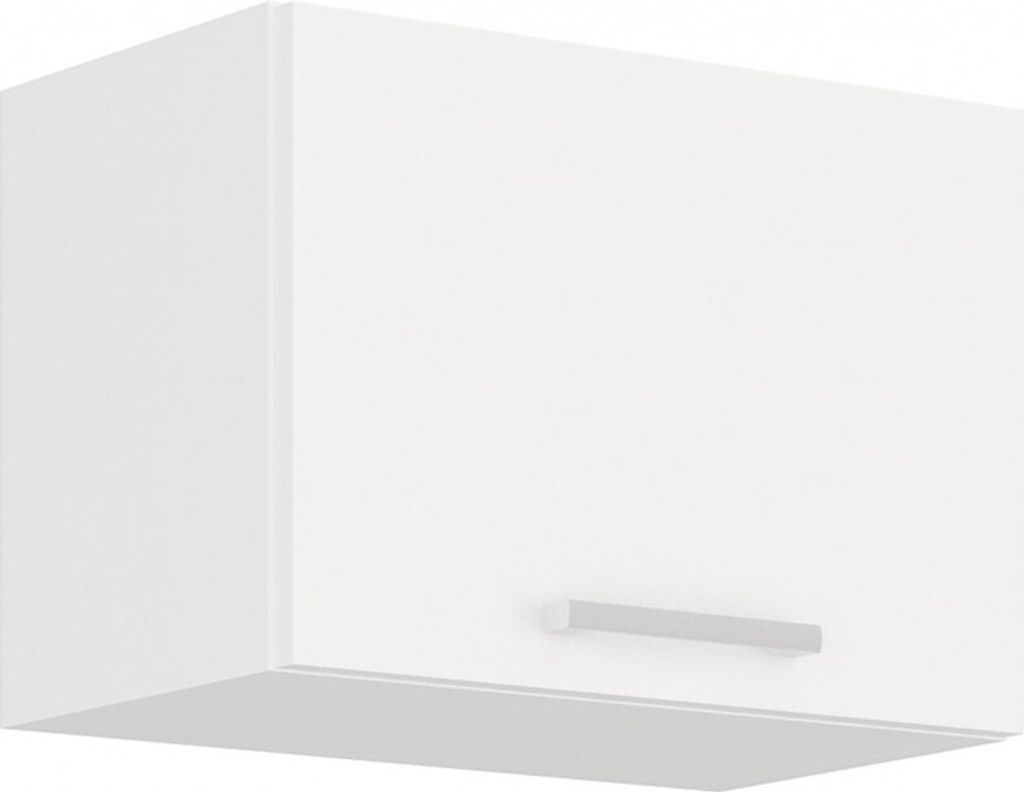 A white kitchen cabinet with a silver handle.