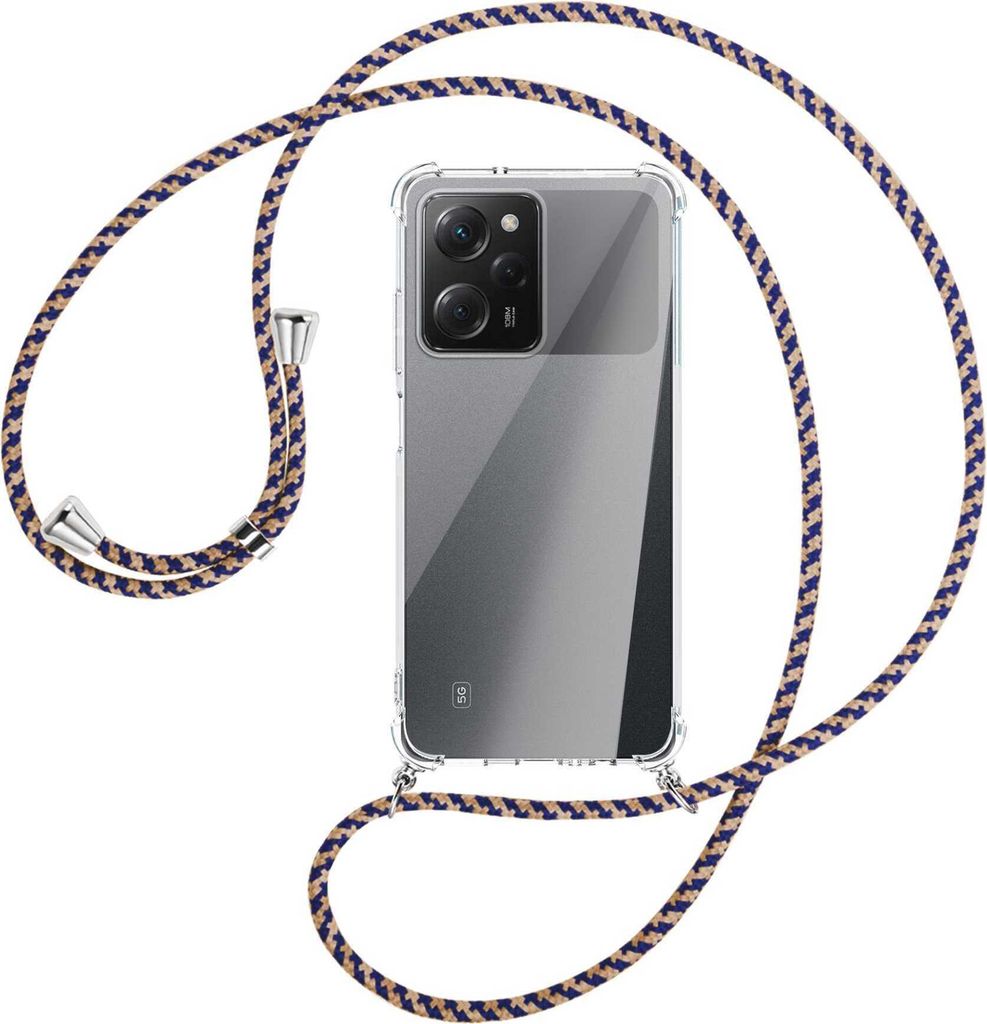 Handykette Backcover-Schutzhülle mit Band (Metall silberfarben) für Xiaomi Poco X5 Pro (6.67'') - blau+beige