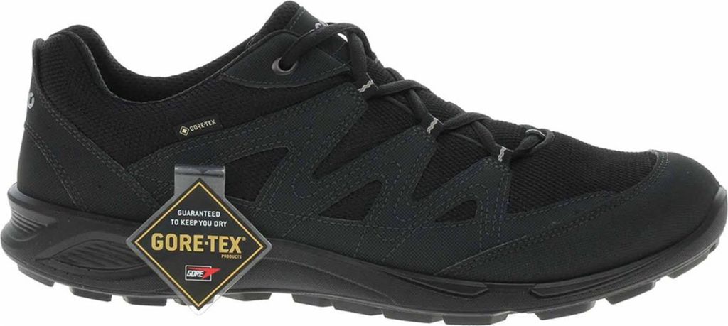 A black ECCO Terracruise Lt Gore-Tex sneaker is shown from the side against a white background. A GORE-TEX tag is attached to the shoe.