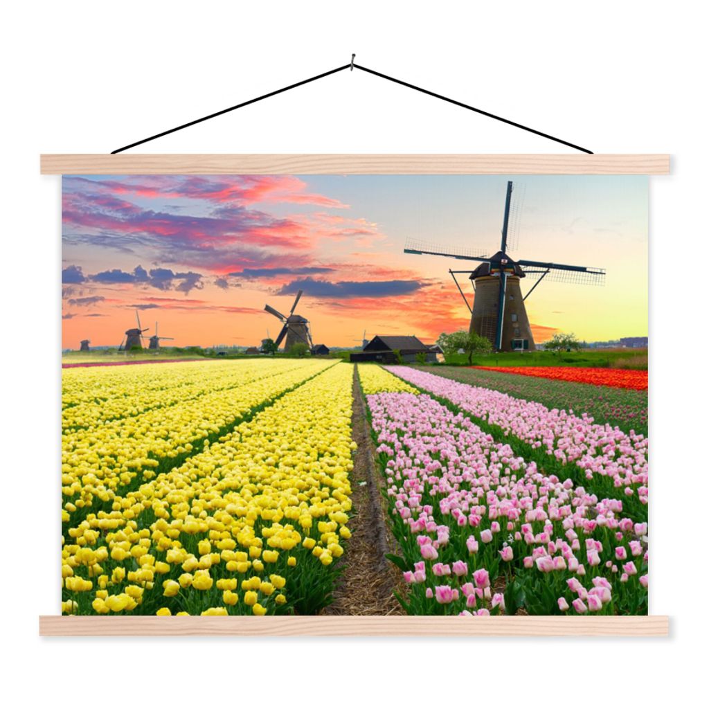 MuchoWow Textilposter Windmühle - Tulpen - Blumen - Niederlande 120x90 cm mit holzfarbenen Rahmen - Magnetisch