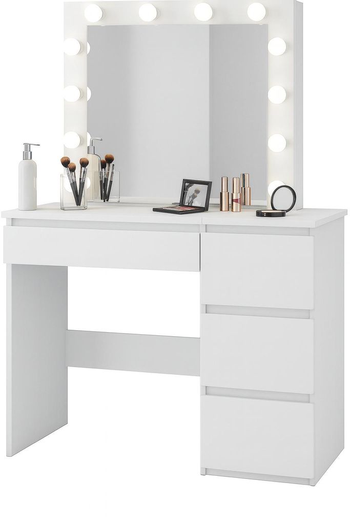 Moderner Schminktisch OLA4 mit Spiegel, 12× E14-Fassungen (ohne Leuchtmittel), 4 Schubladen, Hollywood-Design, 94×141×43 cm, Weiß / mehrere Farben
